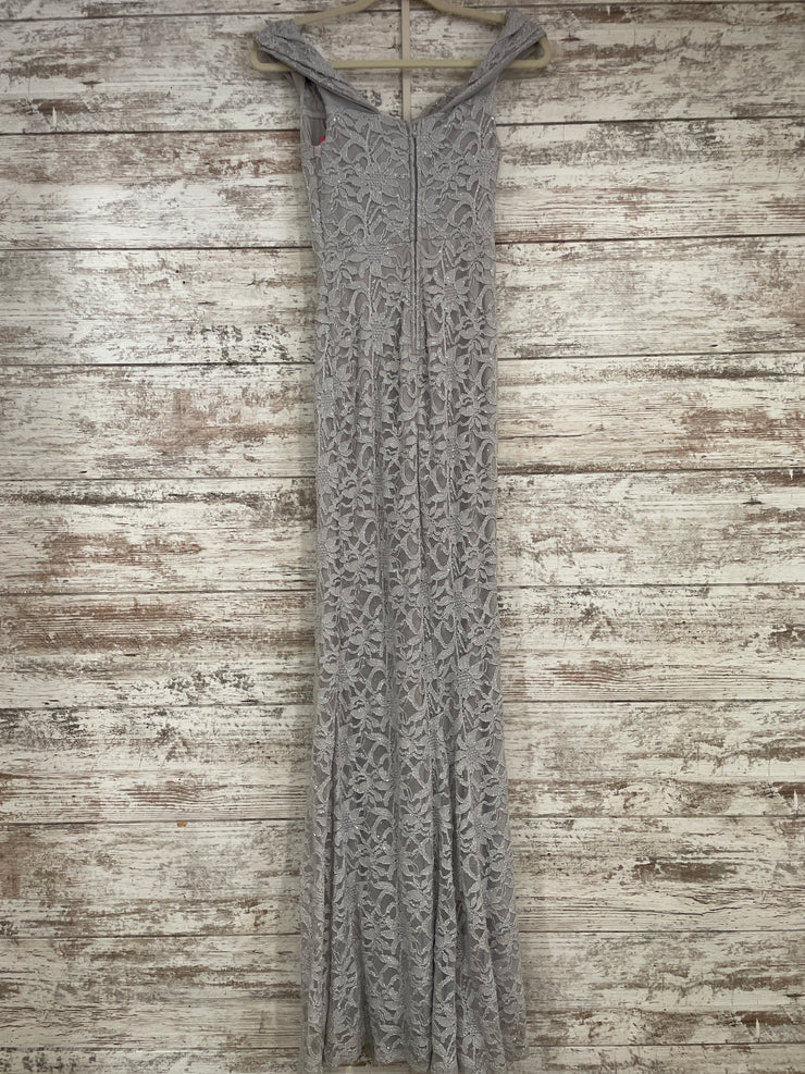 GRAY LACE LONG EVENING GOWN