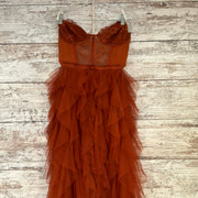 RUST RUFFLED LONG DRESS $359