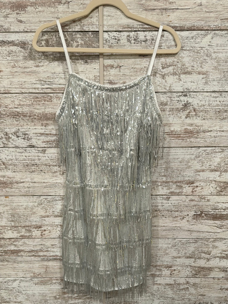 flapper dress silver Ivory + Silver Fringed Flapper Dress