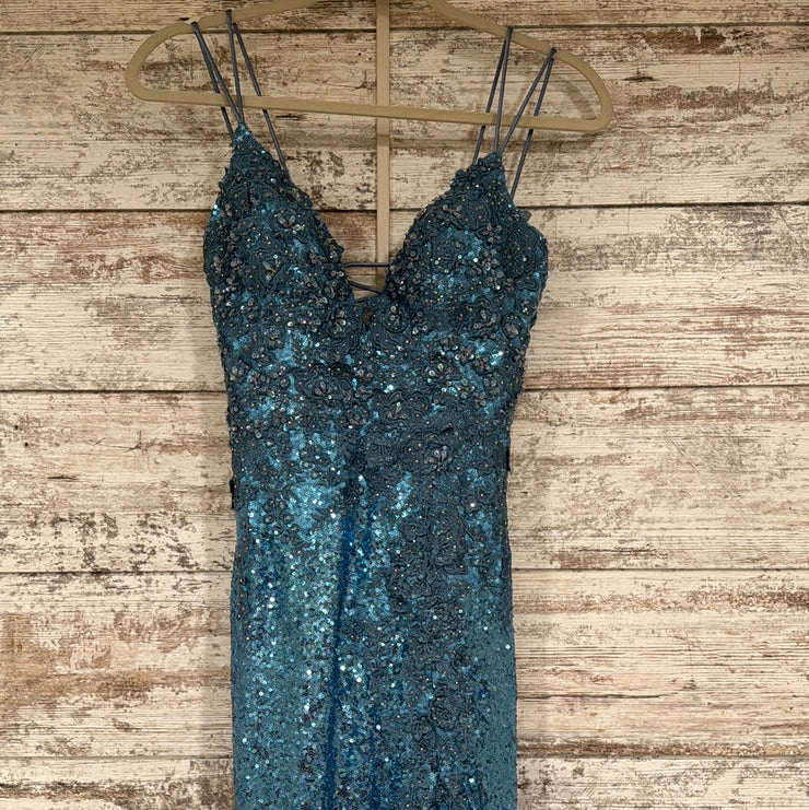 BLUE/FLORAL SEQUIN LONG DRESS