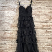 BLACK RUFFLED A LINE GOWN