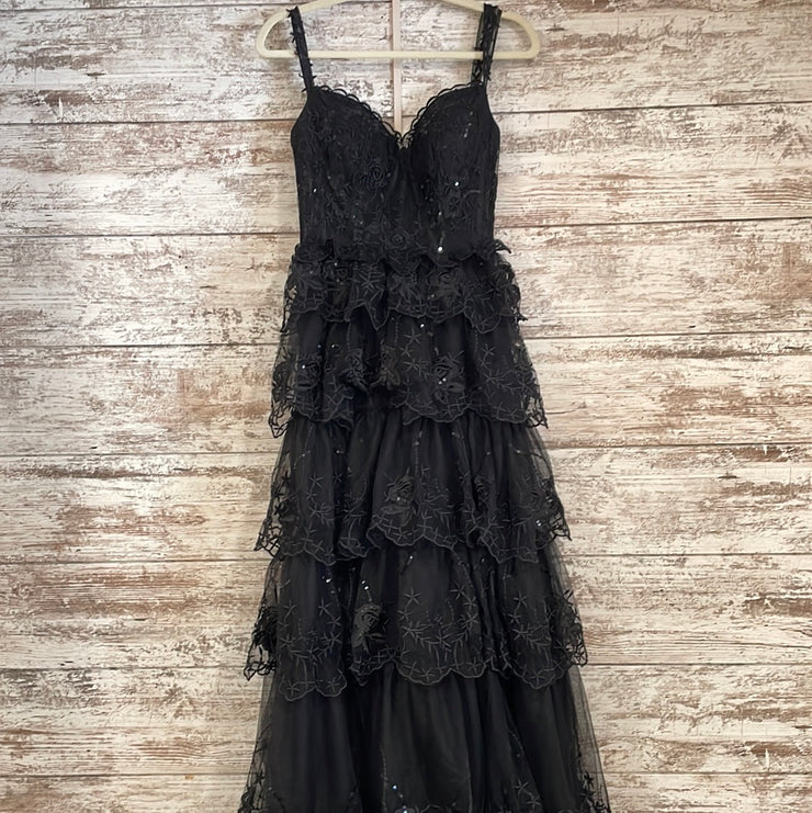 BLACK RUFFLED A LINE GOWN