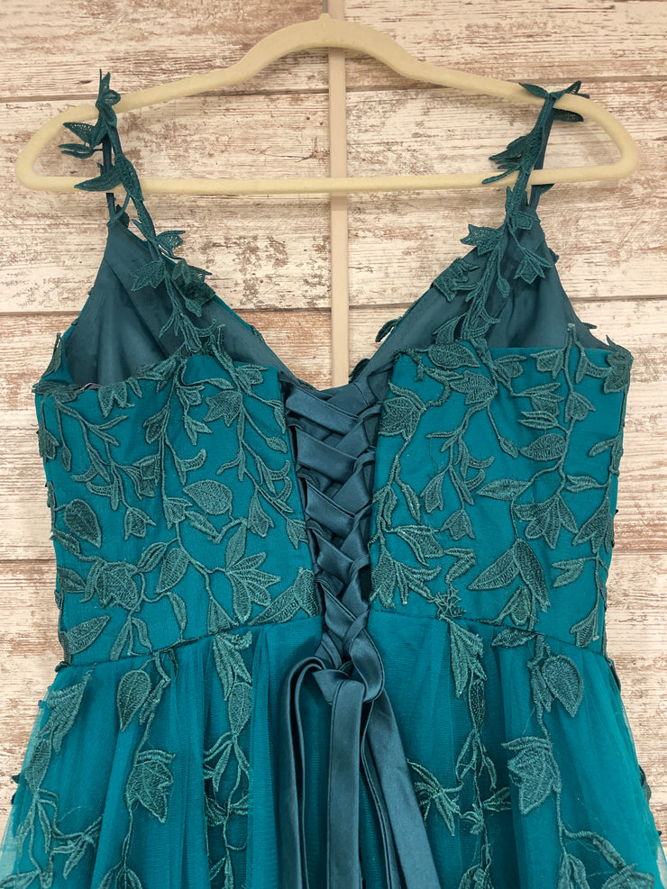 TEAL/FLORAL A LINE GOWN