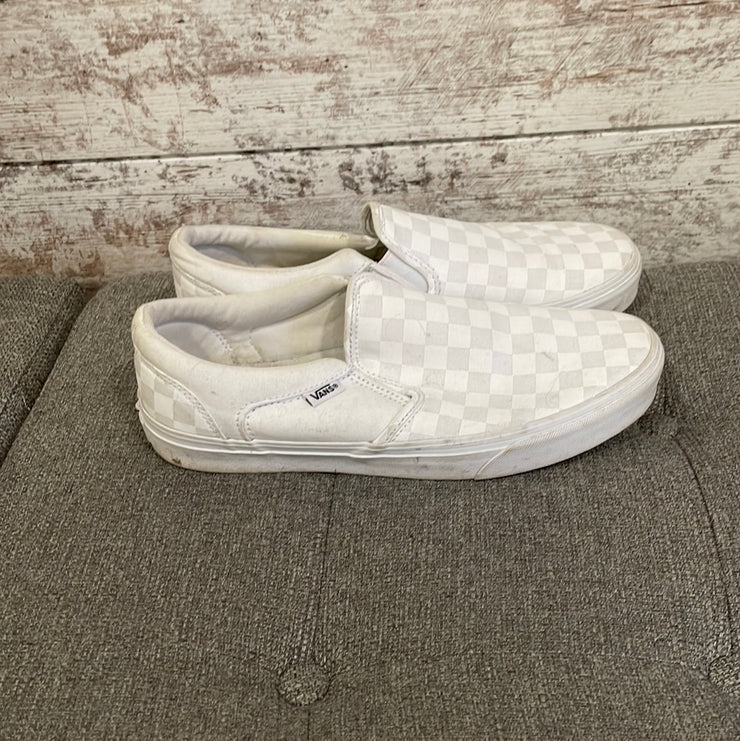 WHITE CHECKED SLIP ON SHOES$60