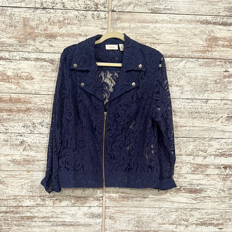 NAVY CROCHET ZIP UP JACKET$128