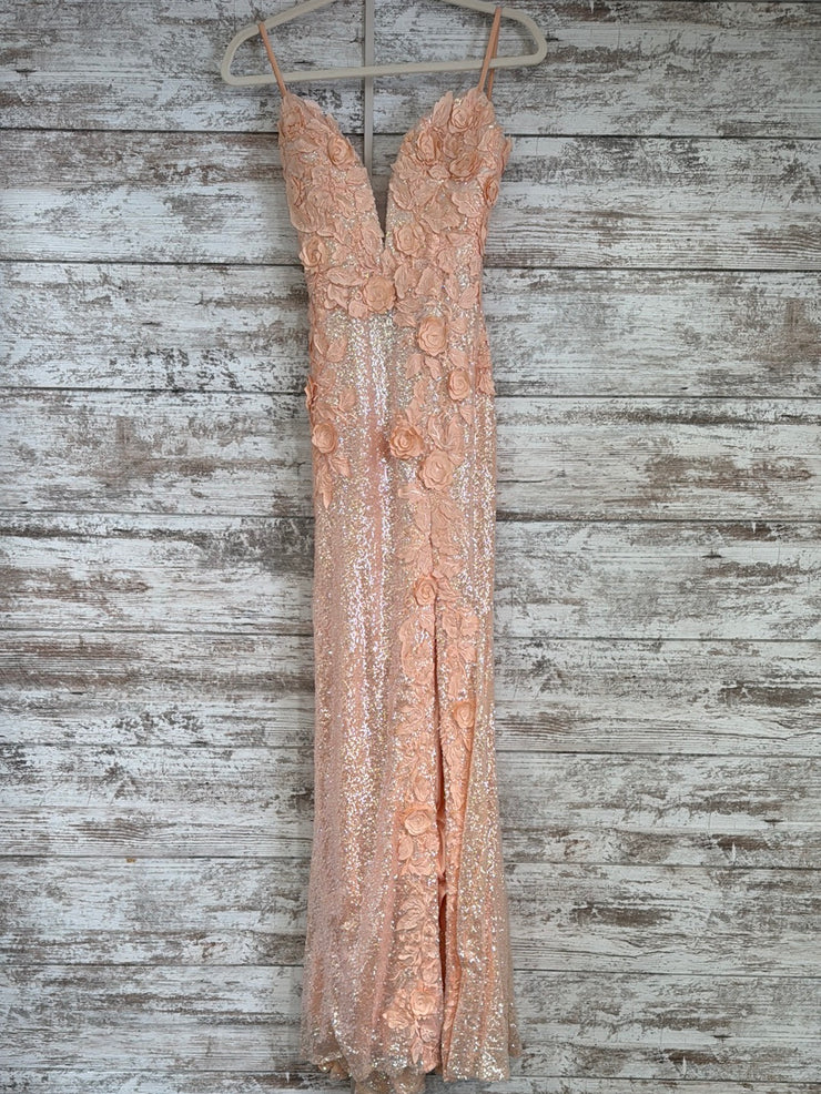 PEACH/FLORAL LONG EVENING GOWN