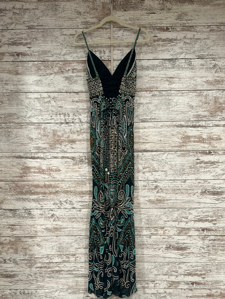 GREEN/BLACK SEQUIN LONG DRESS