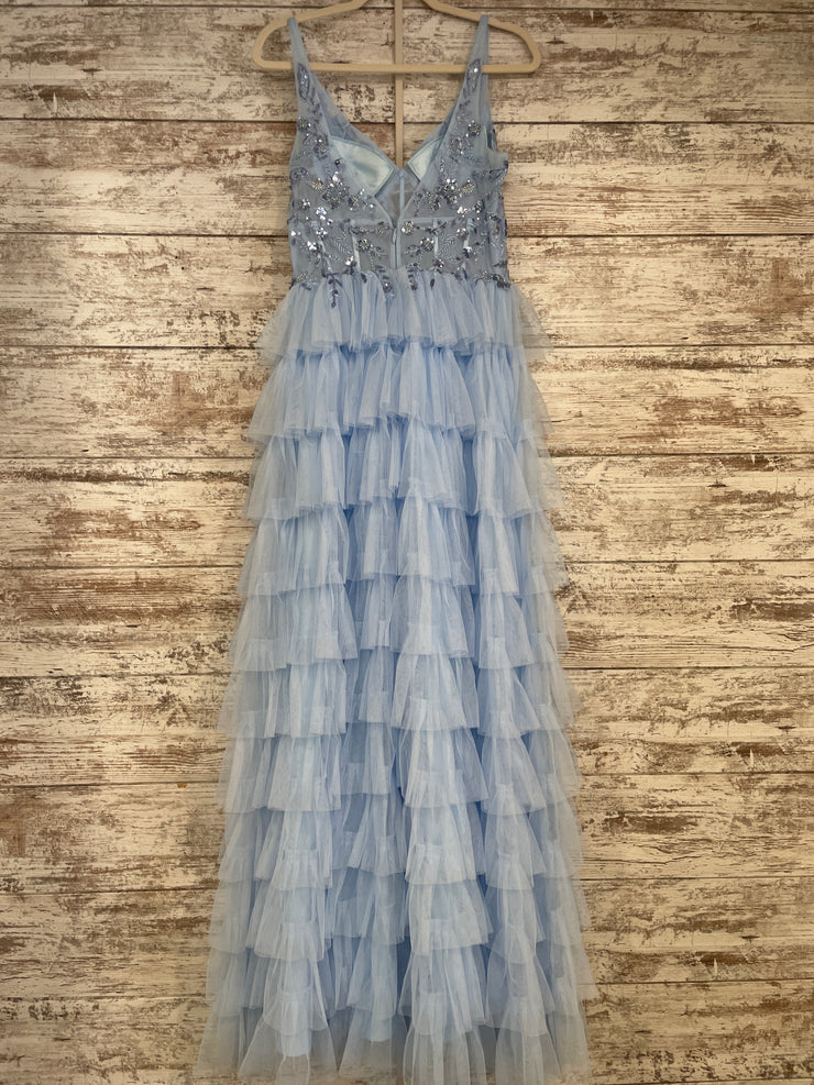BLUE RUFFLED A LINE GOWN