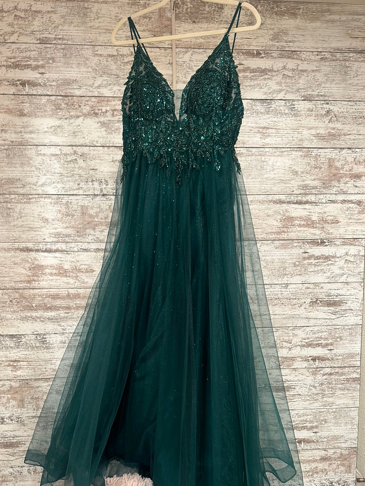 GREEN SPARKLY A LINE GOWN