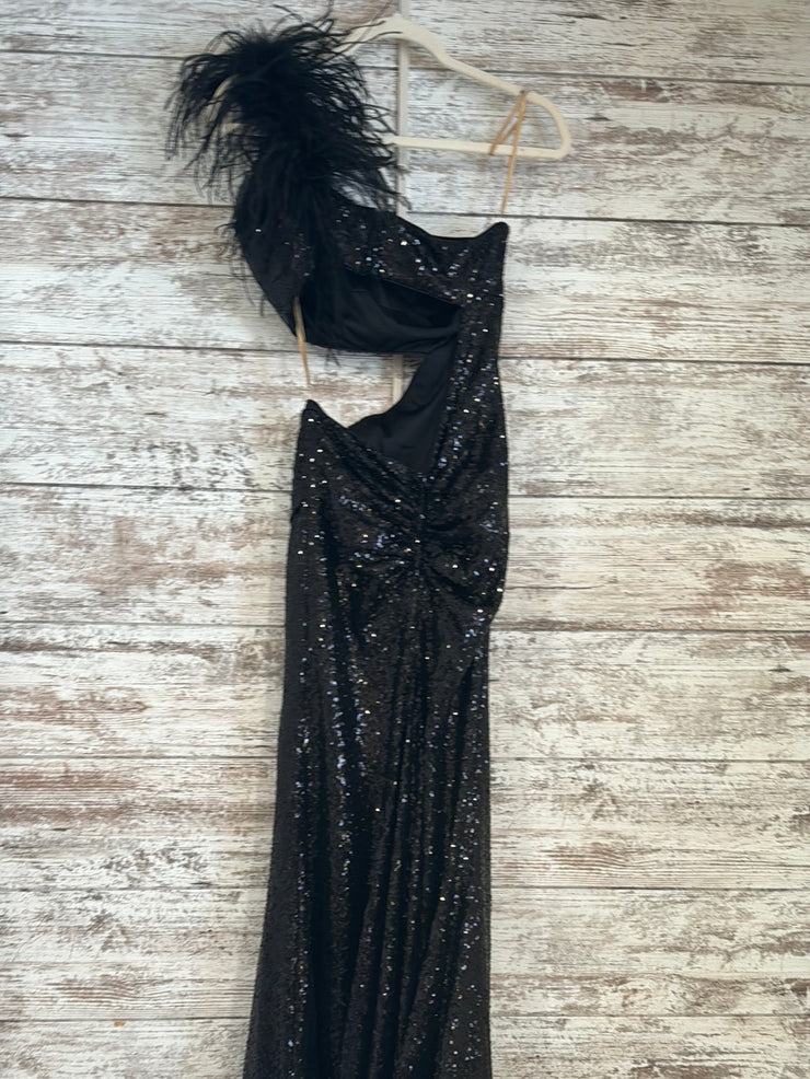 BLACK SEQUIN DRESS W/FEATHER