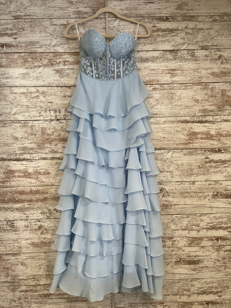 BLUE TIERED A LINE GOWN