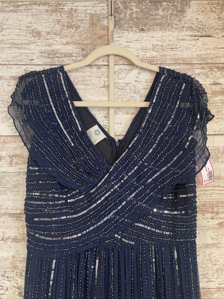 NAVY BEADED LONG EVENING GOWN