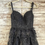 BLACK RUFFLED A LINE GOWN