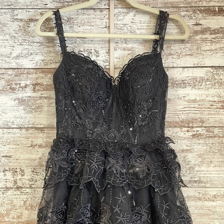 BLACK RUFFLED A LINE GOWN