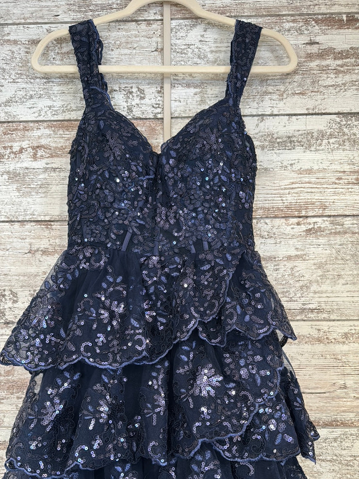 NAVY TIERED A LINE GOWN