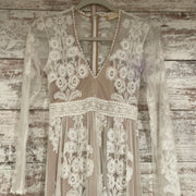 WHITE LACE W/TAN LONG DRESS