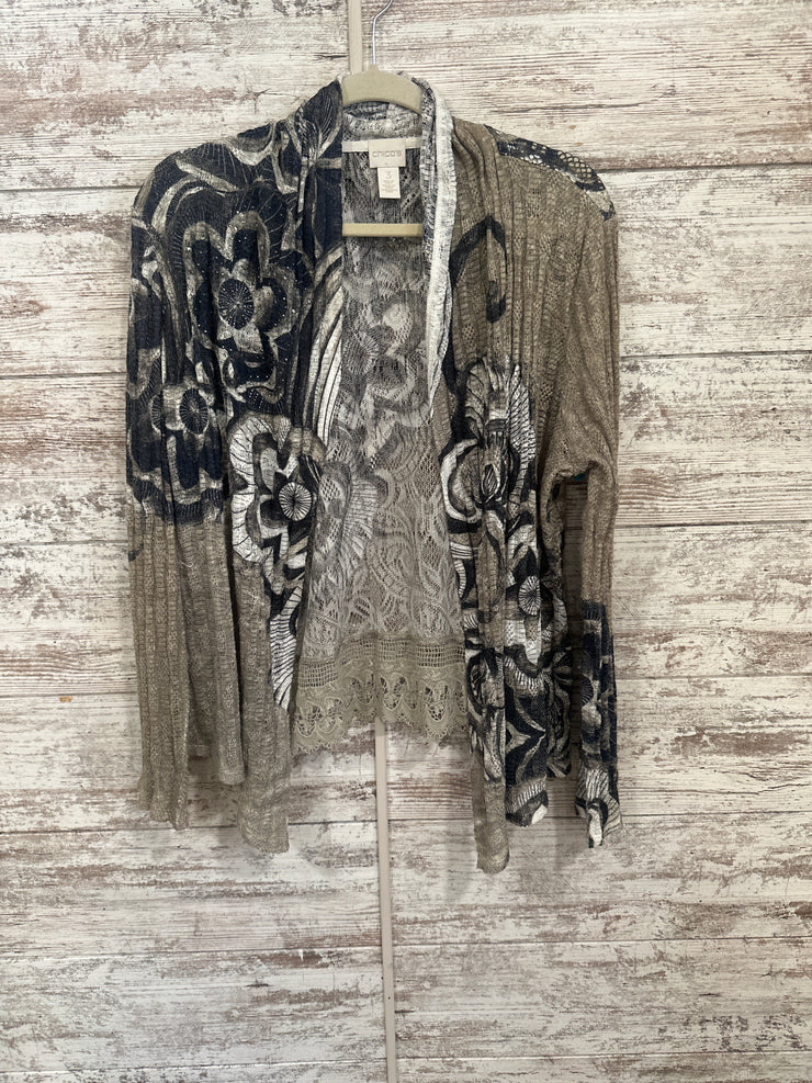 TAN/FLORAL OPEN CARDIGAN