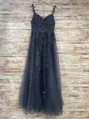 GRAY/BLUE FLORAL A LINE GOWN