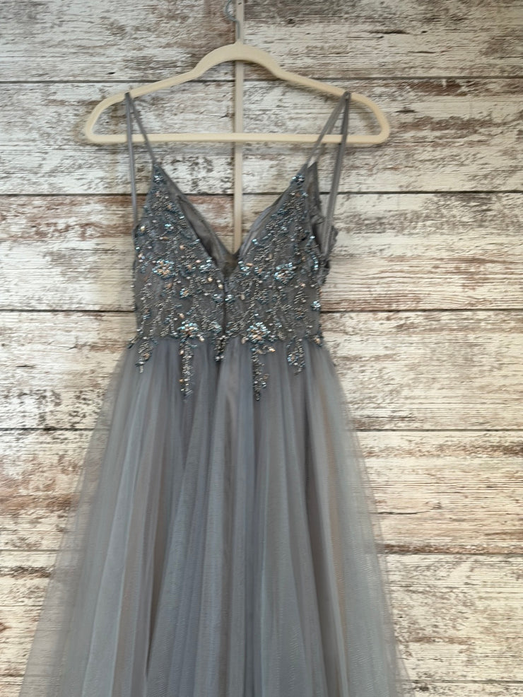 GRAY BEADED TOP A LINE GOWN