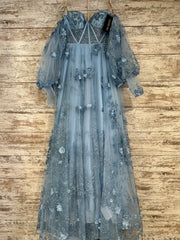 BLUE A LINE GOWN W/SLEEVES-NEW