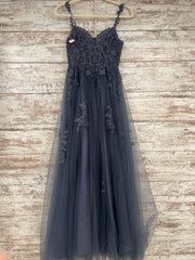 BLUE/GRAY FLORAL A LINE GOWN