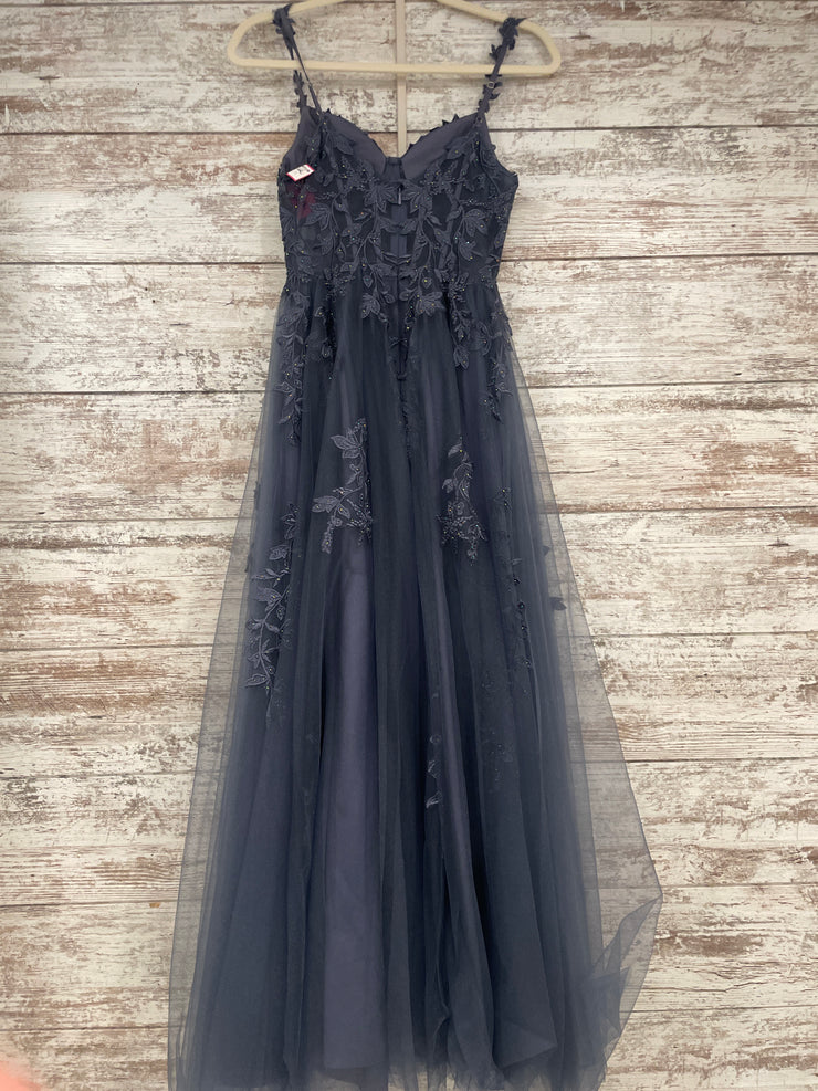 BLUE/GRAY FLORAL A LINE GOWN