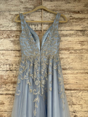 BLUE/SILVER FLORAL A LINE GOWN