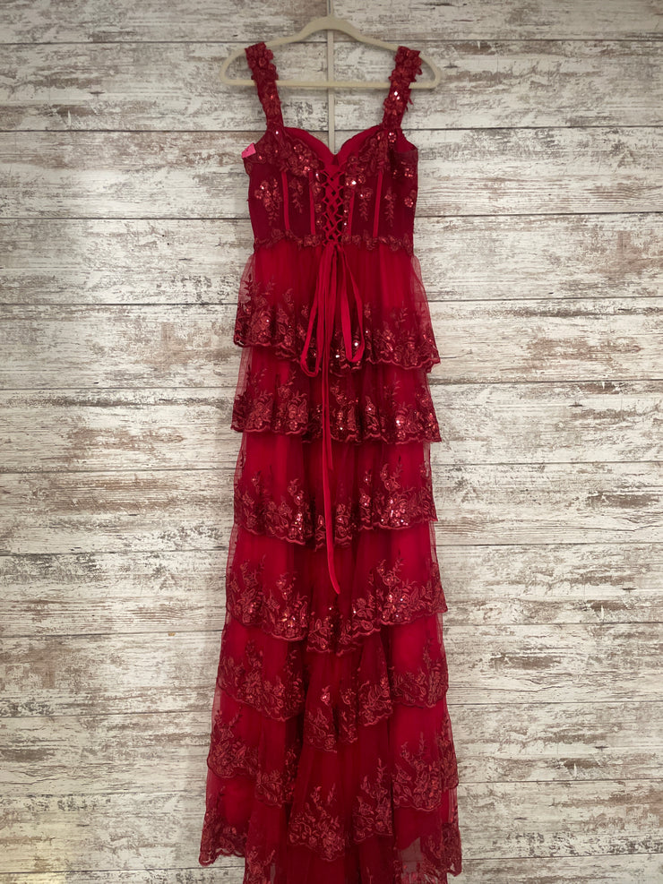RED/FLORAL TIERED A LINE DRESS