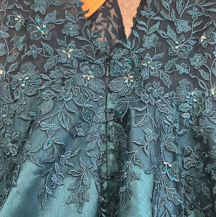 TEAL/FLORAL A LINE GOWN