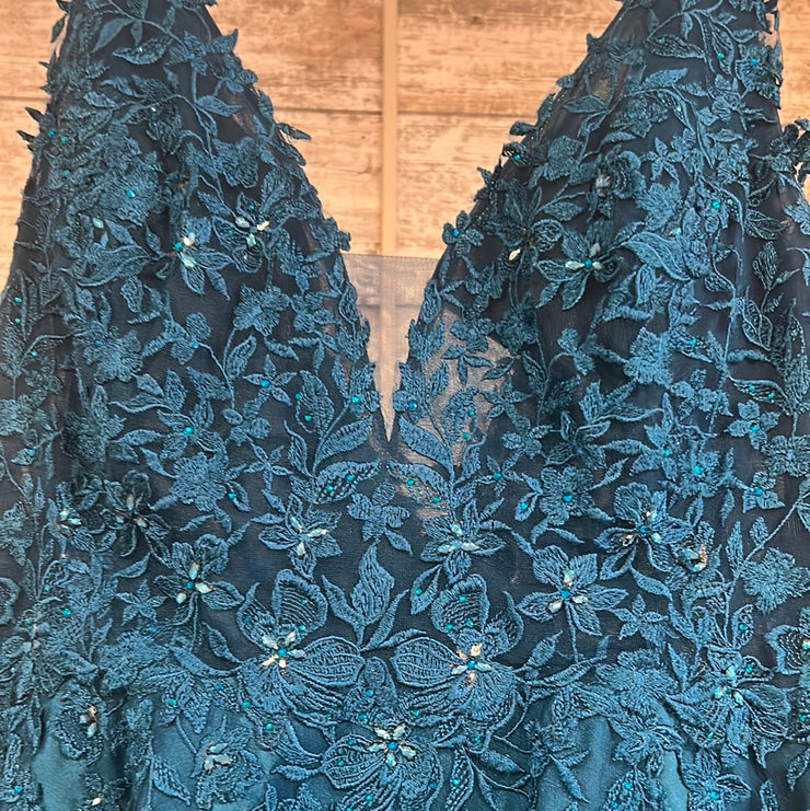 TEAL/FLORAL A LINE GOWN