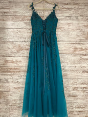 TEAL/FLORAL A LINE GOWN