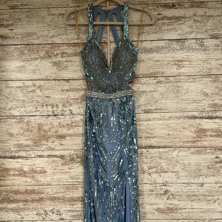 BLUE/SILVER BEADED LONG DRESS