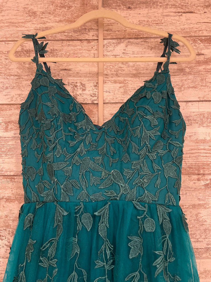 TEAL/FLORAL A LINE GOWN