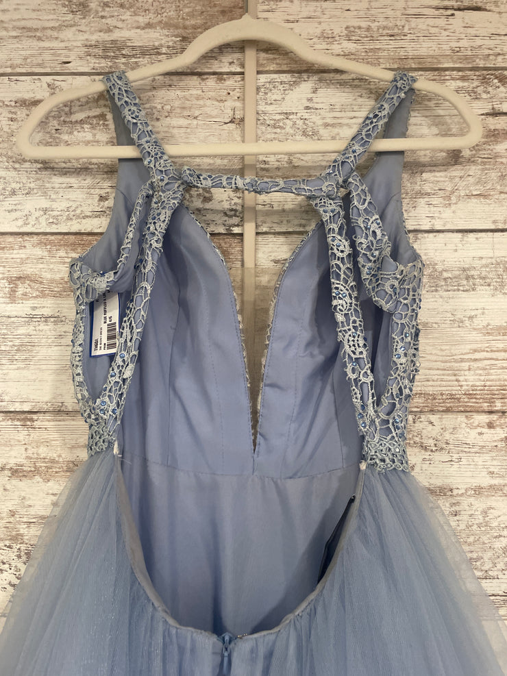 BLUE RUFFLED A LINE GOWN