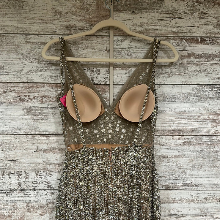 TAN/SILVER BEADED LONG GOWN