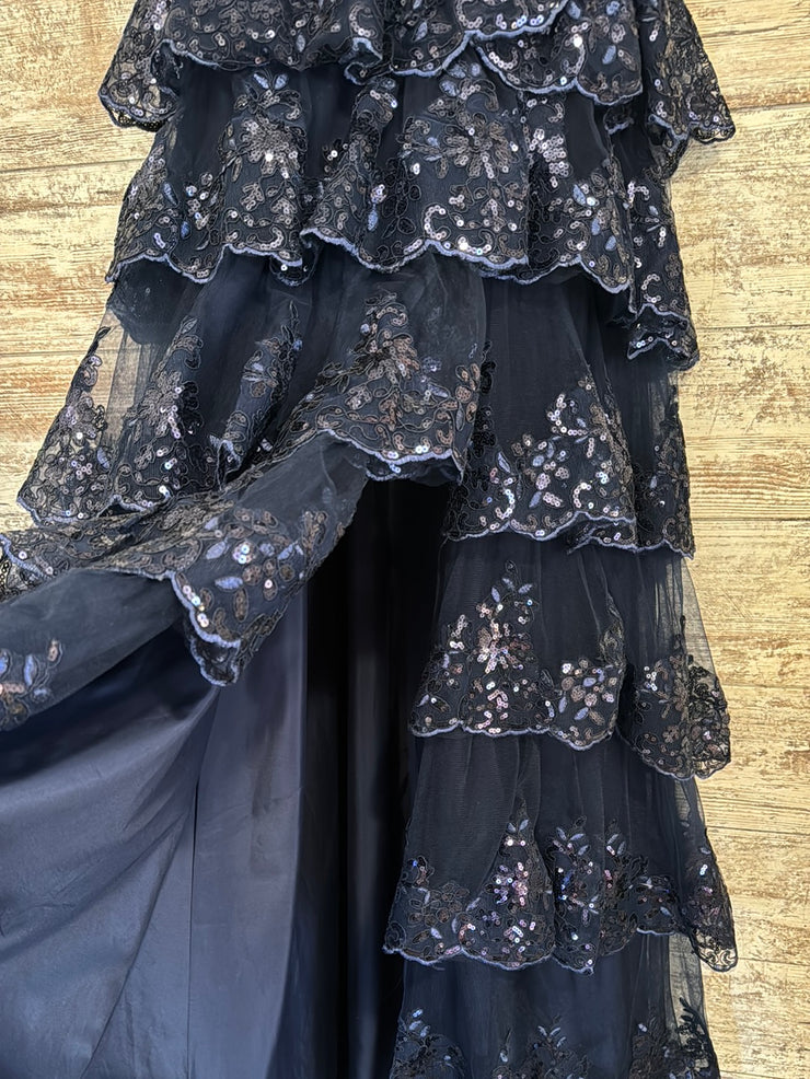 NAVY TIERED A LINE GOWN