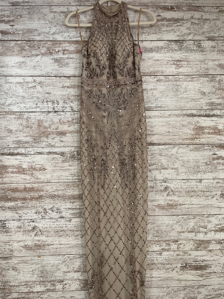 TAN BEADED LONG EVENING GOWN