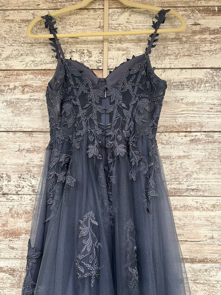 BLUE/GRAY FLORAL A LINE GOWN