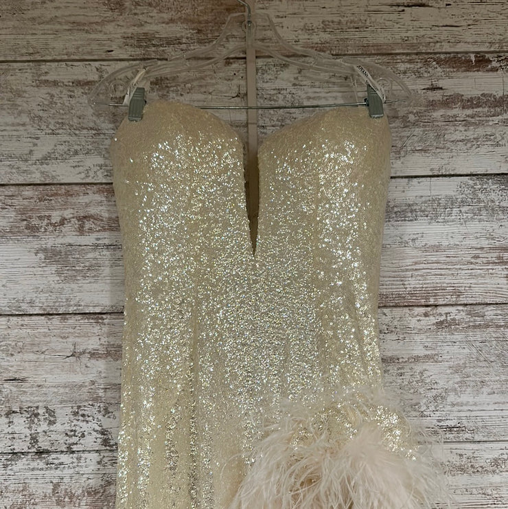 IVORY FEATHER LONG EVENING$800