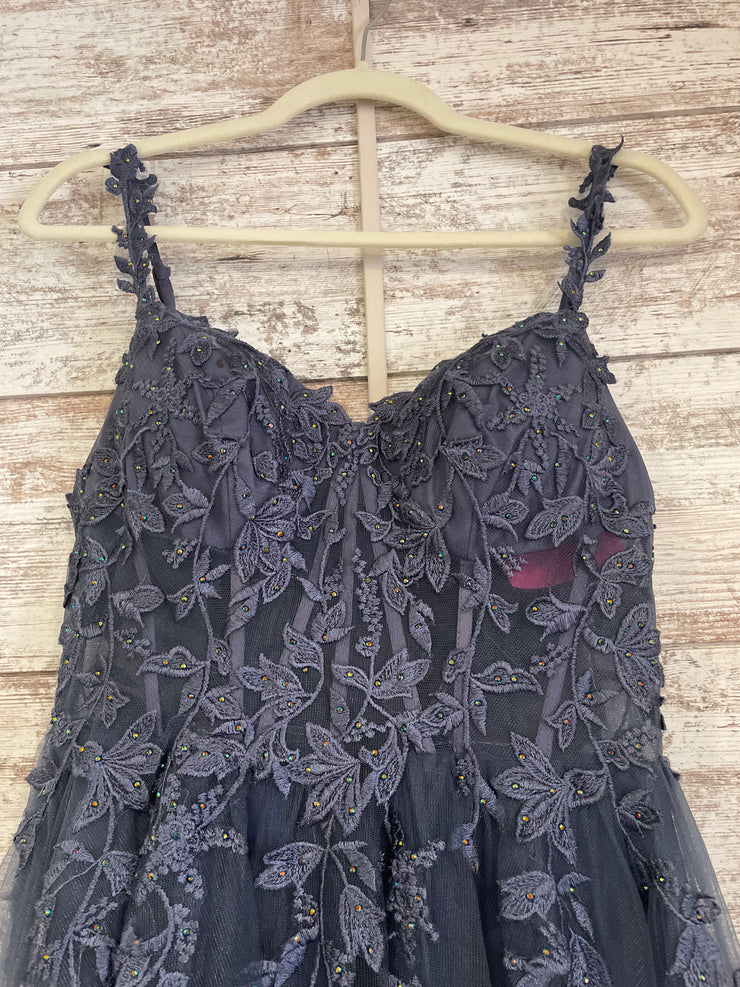 GRAY/BLUE FLORAL A LINE GOWN