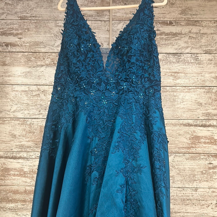 TEAL/FLORAL A LINE GOWN