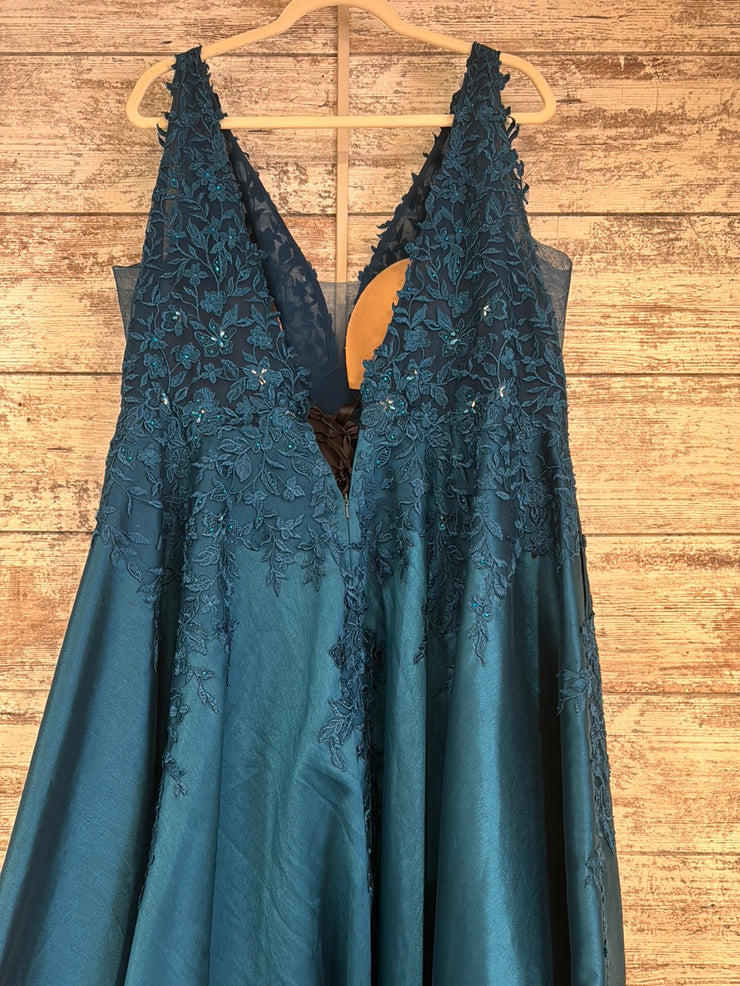 TEAL/FLORAL A LINE GOWN