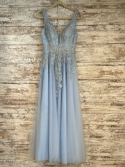 BLUE/SILVER FLORAL A LINE GOWN