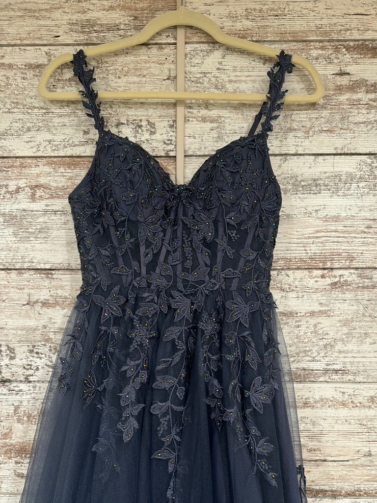 BLUE/GRAY FLORAL A LINE GOWN