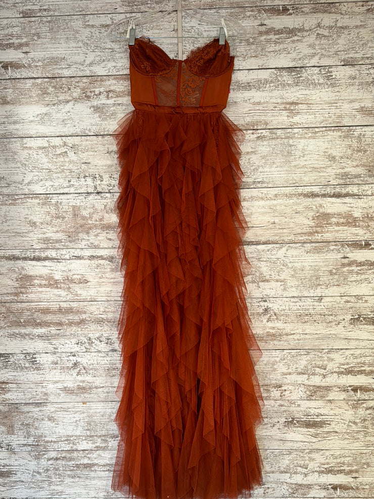 RUST RUFFLED LONG DRESS $359