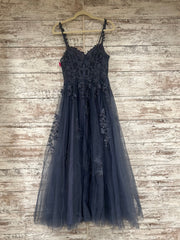 BLUE/GRAY FLORAL A LINE GOWN