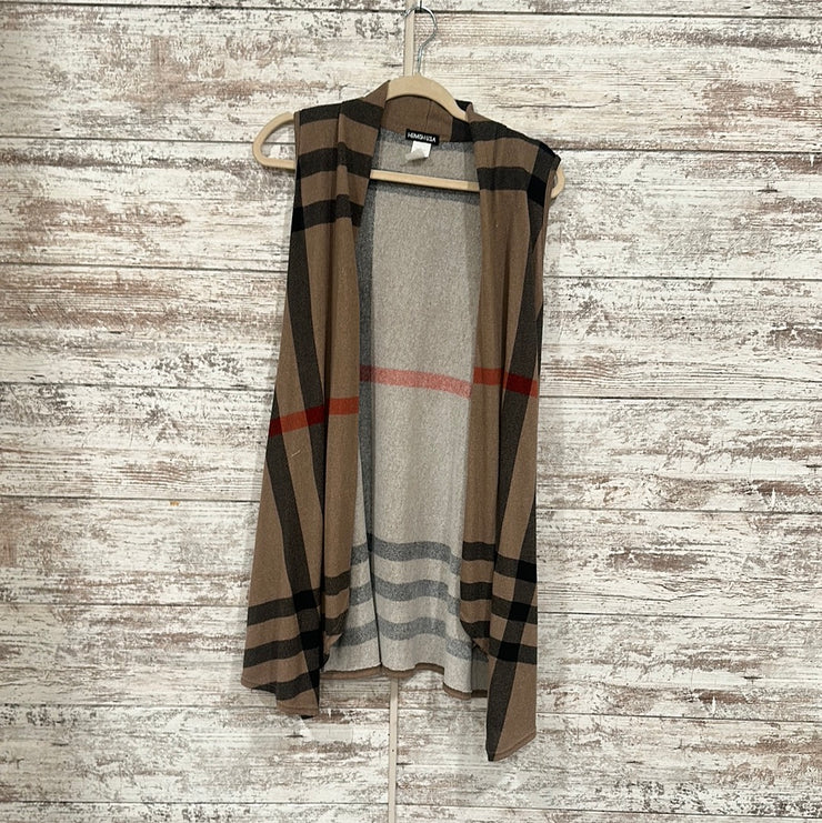 TAN/BLACK/RED OPEN CARDIGAN