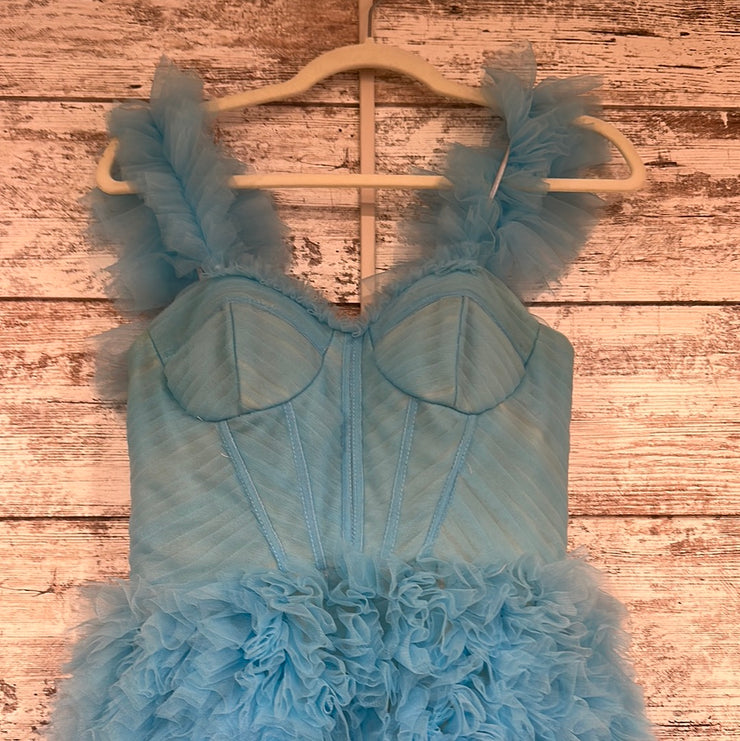 BLUE RUFFLED A LINE GOWN