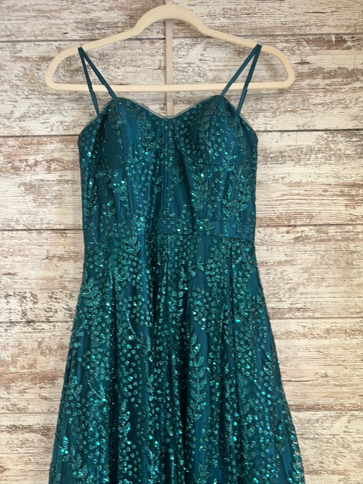 GREEN SPARKLY A LINE GOWN