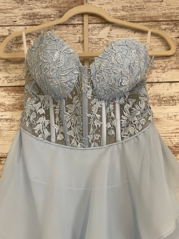 BLUE TIERED A LINE GOWN